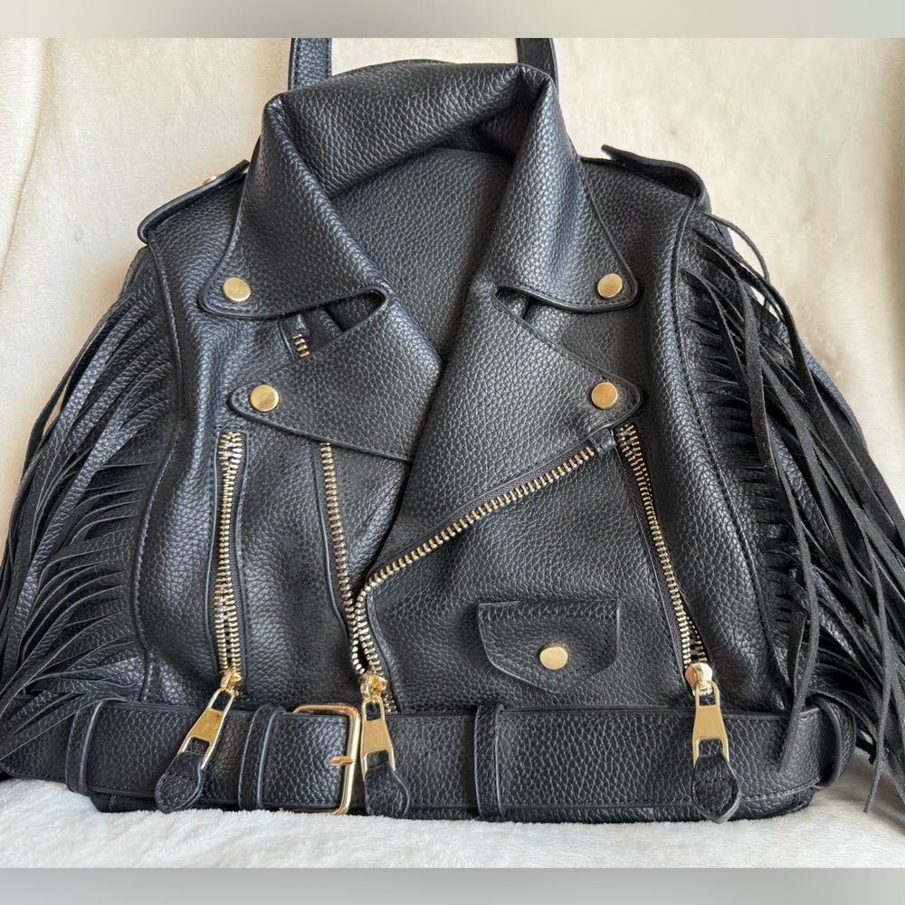 Black Leather Fringe Backpack - Picture 3 of 12